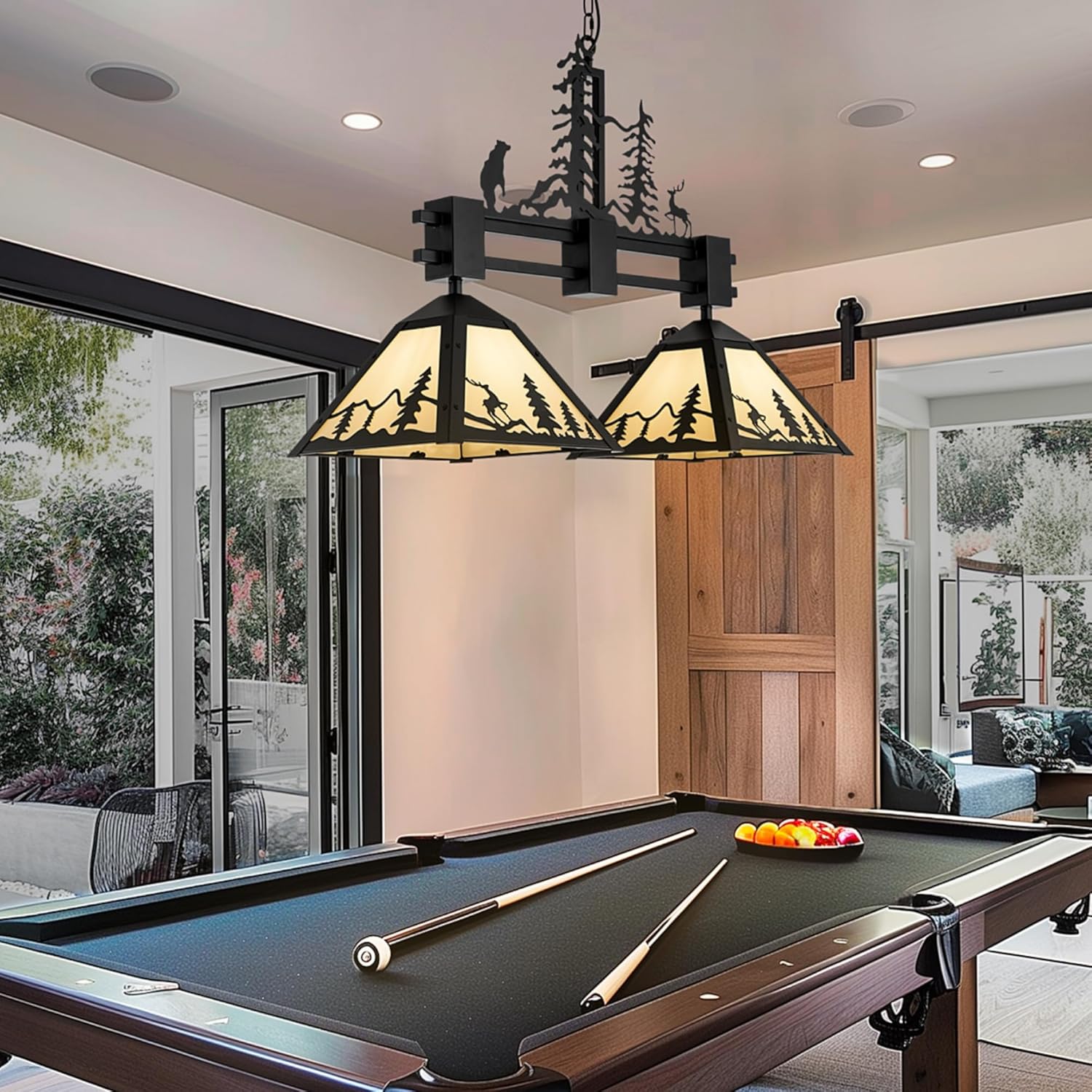 TOCHIC Pool Table Light 33''L, 2 Lights Hanging Billiard Light Fixture Overhead for Pool Billiard Table Rustic Black Chandelier Pendant Light for Dining Room, Kitchen, Game Room