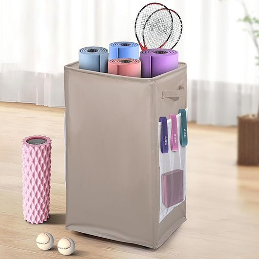 Yoga Mat Storage Racks, Home Gym Storage Rack with Wheels, Yoga Mat Holder Side 2 Mesh Pockets, Yoga Storage Basket Holds 4 Yoga Mats, 2 Foam Rollers, 6 Resistance Bands-FlexoryFit