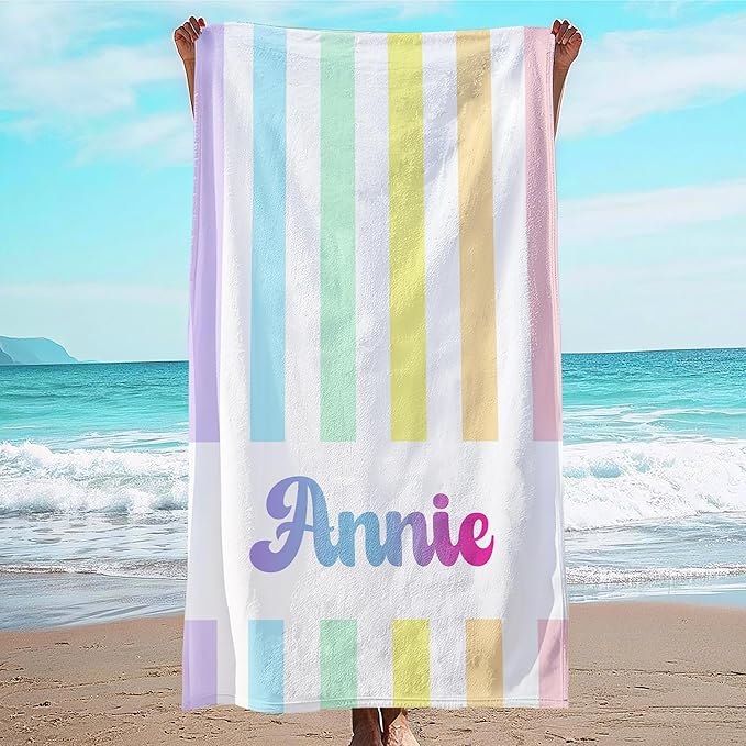 JML Personalized Beach Towel with Name, Custom Rainbow Cabana Stripe Beach Towel, Customized Microfiber Pool Towel, Quick Dry & Absorbent Swim Towel for Adult,Anniversary, Birthday, Summer Holiday-FlexoryFit