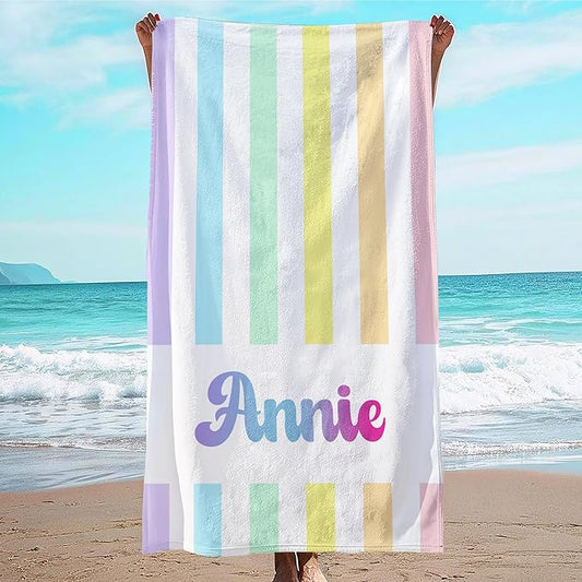 JML Personalized Beach Towel with Name, Custom Rainbow Cabana Stripe Beach Towel, Customized Microfiber Pool Towel, Quick Dry & Absorbent Swim Towel for Adult,Anniversary, Birthday, Summer Holiday-FlexoryFit