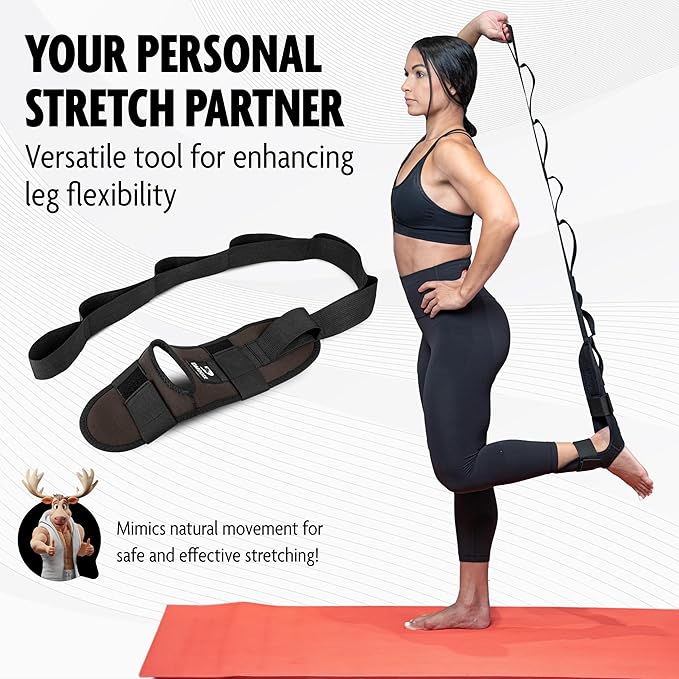 DMoose Fitness Foot & Calf Stretcher with Adjustable Padded Stretching Strap for Plantar Fasciitis, Hamstring, Heel Spurs and Achilles Tendonitis Relief - Yoga Leg Stretch Strap for Flexibility-FlexoryFit