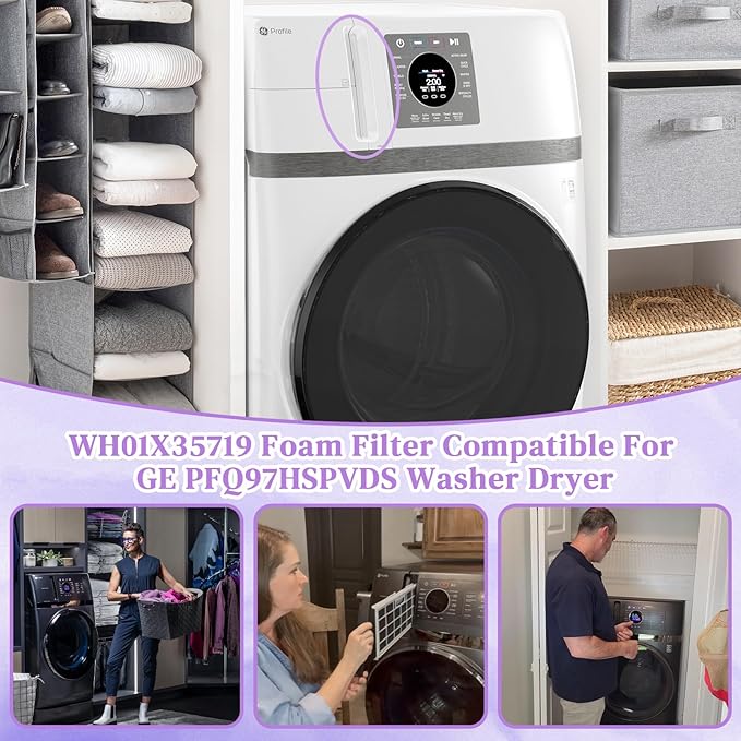 WH01X35719 Lint Filter Compatible with Ge Profile Washer Dryer Combo Foam Filter for PFQ97HSPV0DS Combo Washer Dryer Filter with Lint Brush (1 Long Handled Brush & 1 Full Bristle Brush)- 4 Pack