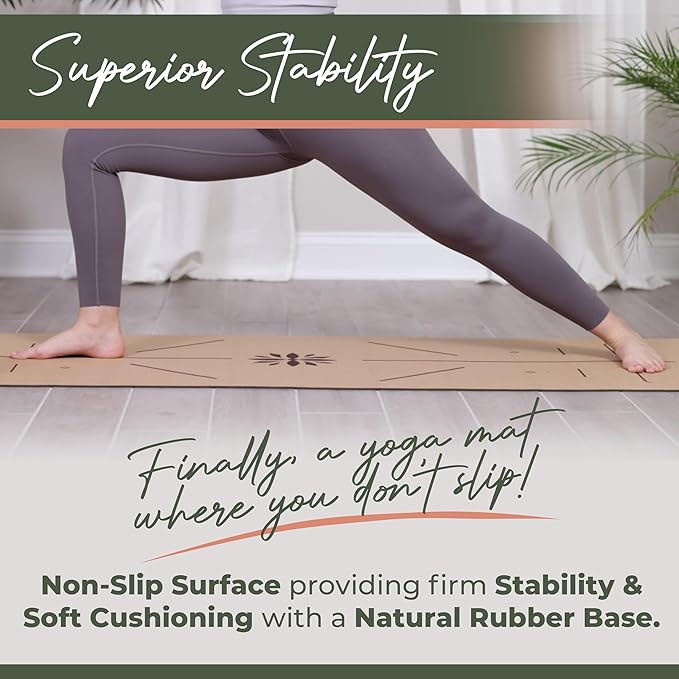 Premium Yoga Cork Mat | 5mm Thick Natural Tree Rubber Base and Bigger Mat for Extra Support, Alignment lines for Guidance | Non-Slip, Natural & Eco-friendly, Your Ultimate Eco-Friendly Yoga Companion-FlexoryFit