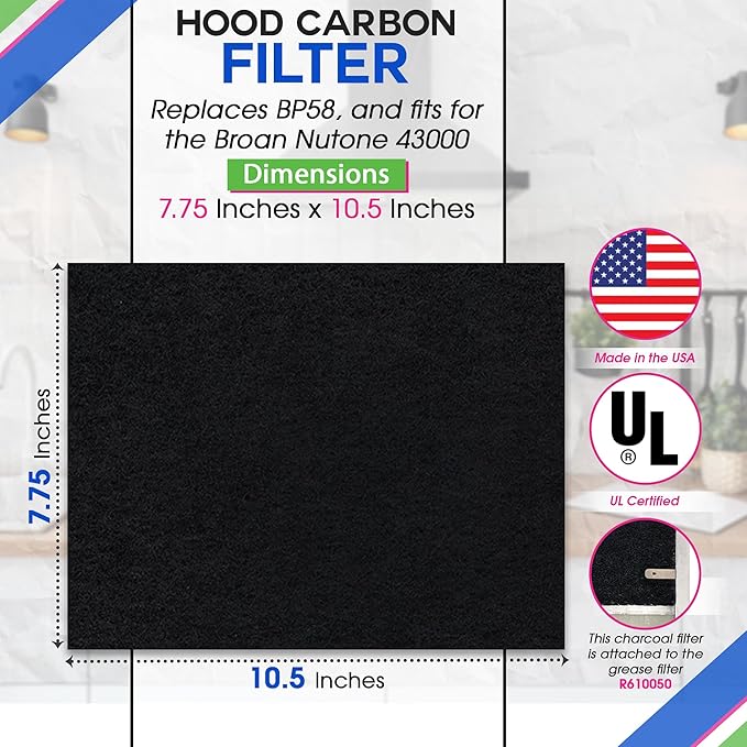 Range Hood Charcoal Filter 7.75” x 10.5” - Fits Broan and Nutone BP58 For 43000 Series Range Hoods - Broan Range Hood Filter Replacement - Carbon Stove Vent Fan Filters Removes Kitchen Odors (3-Pack)