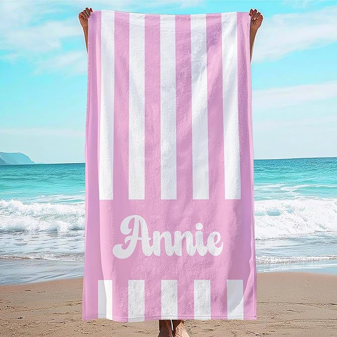 JML Personalized Beach Towel with Name, Custom Cabana Stripe Beach Towel, Customized Microfiber Pool Towel, Quick Dry & Absorbent Swim Towel for Adult,Mother's Day, Birthday, Summer Holiday,Vacation-FlexoryFit