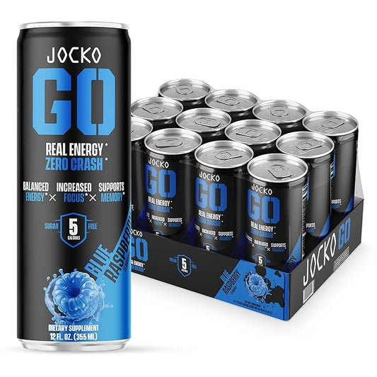 Jocko Fuel Blue Raspberry Energy Drink, 12 Pack, 0 Sugar, 95mg Caffeine, Supports Brain Health-FlexoryFit