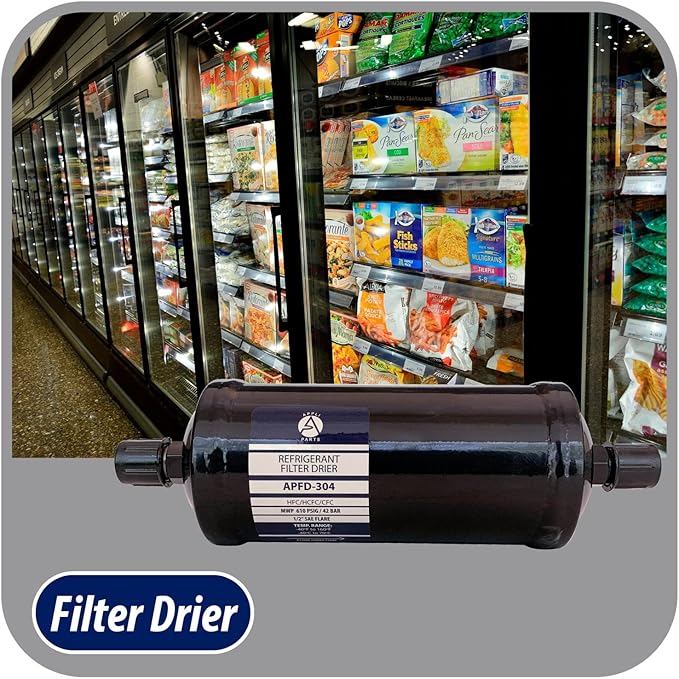 Appli Parts APFD-304 1/2 in Liquid Line Refrigerant AC Filter Drier hvac Refrigeration 304 SAE Flare connection universal unidirectional 10-1/2 in long 3-1/4 in wide
