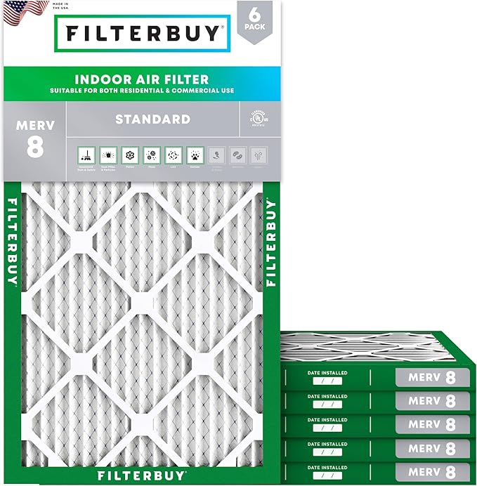 Filterbuy 16x32x1 Air Filter MERV 8 (MPR 700) Dust Defense Replacement (6-Pack), Electrostatic Pleated HVAC AC Furnace Filters, Made in USA (Actual Size: 15.50 x 31.50 x 0.75)