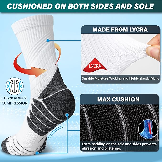 Hylaea Compression Running Socks for men, Coolmax Anti-Blister Cushion Crew Socks for Athletic, Moisture Wicking & Seamless-FlexoryFit