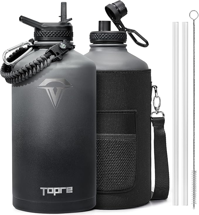 128 oz Insulated Water Bottle,One Gallon Water Flask Stainless Steel Vacuum, Cold for 48 Hrs,BPA-Free & Leakproof -with Paracord Handle, Strap,Straw Spout Lids,Large Jug for Gym,Grey-FlexoryFit