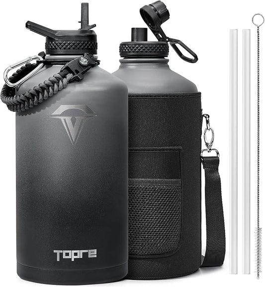 128 oz Insulated Water Bottle,One Gallon Water Flask Stainless Steel Vacuum, Cold for 48 Hrs,BPA-Free & Leakproof -with Paracord Handle, Strap,Straw Spout Lids,Large Jug for Gym,Grey-FlexoryFit