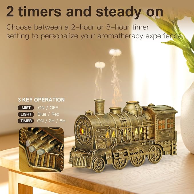 Essential Oil Diffuser Train Diffuser 300ml, Train Humidifier, Aromatherapy Diffuser Cool Mist Aromatherapy with 2 Light 2 Mist Mode Auto Shut-Off, Remote Included for Office Baby Home (Copper)