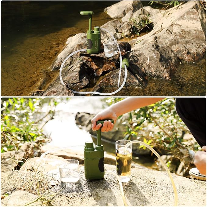 Purewell Water Purifier Pump with Replaceable Carbon 0.01 Micron Water Filter, 4 Filter Stages, Portable Outdoor Emergency and Survival Gear - Camping, Hiking, Backpacking