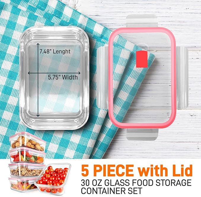 Nutrichef 10-Piece Glass Food Containers - Stackable Superior Glass Meal-prep Storage Containers, Newly Innovated Leakproof Locking Lids w/Air Hole, Freezer-to-Oven-Safe (Red)-FlexoryFit