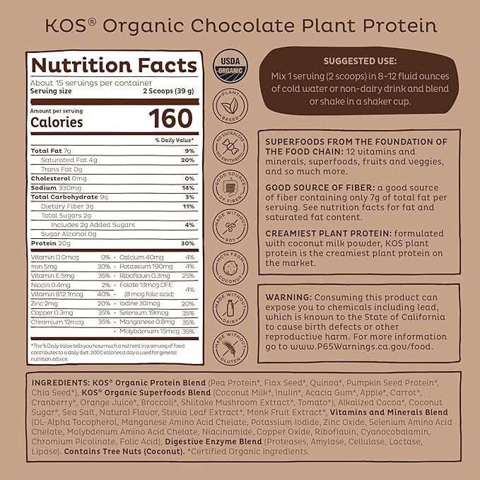 KOS Plant Based Protein Powder, Chocolate USDA Organic - Low Carb Pea Protein Blend, Vegan Superfood with Vitamins & Minerals - Keto, Soy, Dairy Free - Meal Replacement for Women & Men - 15 Servings-FlexoryFit