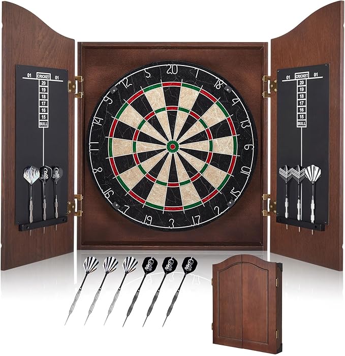 Sisal Dart Board Cabinet Sets, Decorative Dart Boards for Adults [6*Steel Darts] - Wooden Dartboard Cabinet with Integrated Scoreboard for Family Game Rooms