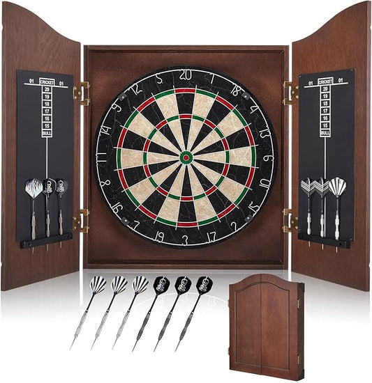 Sisal Dart Board Cabinet Sets, Decorative Dart Boards for Adults [6*Steel Darts] - Wooden Dartboard Cabinet with Integrated Scoreboard for Family Game Rooms