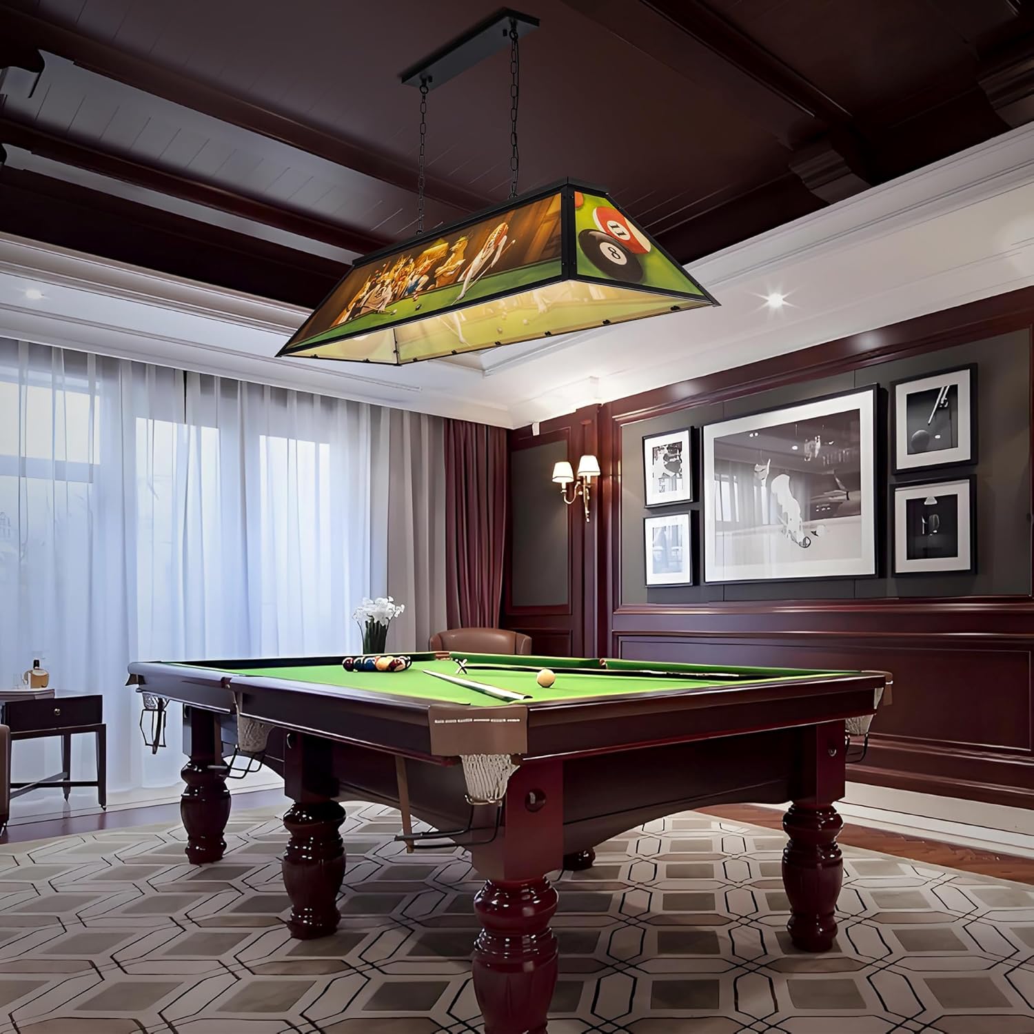 Wellmet Tiffany Pool Table Light, Dogs Playing Billiards Lights for 7' 8' 9' Pool Table, 5 Lights Billiard Fixture Hanging Pendant Lamp for Snooker Table, Cabin, Game Room, Men's Cave, Dining Room