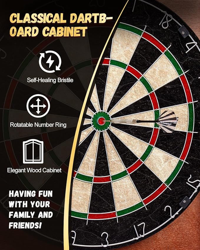 Sisal Dart Board Cabinet Sets, Decorative Dart Boards for Adults [6*Steel Darts] - Wooden Dartboard Cabinet with Integrated Scoreboard for Family Game Rooms