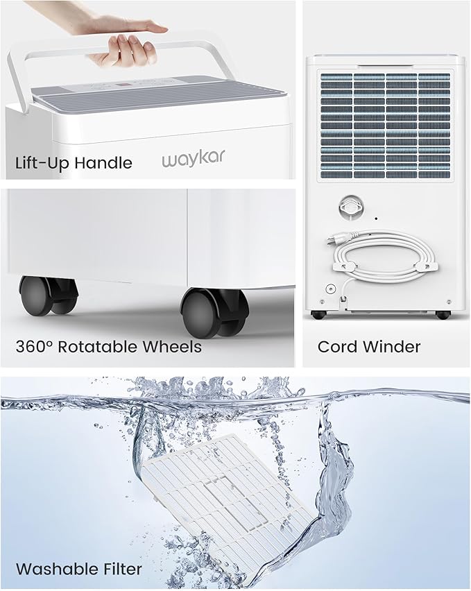 Waykar 150 Pint 2025 Energy Star Dehumidifier with Pump for Large Rooms up to 7,000 Sq. Ft. for Home, Basement, Commercial, Industrial, with Drain Hose & Tank, Auto Defrost, Smart Auto Comfort Mode
