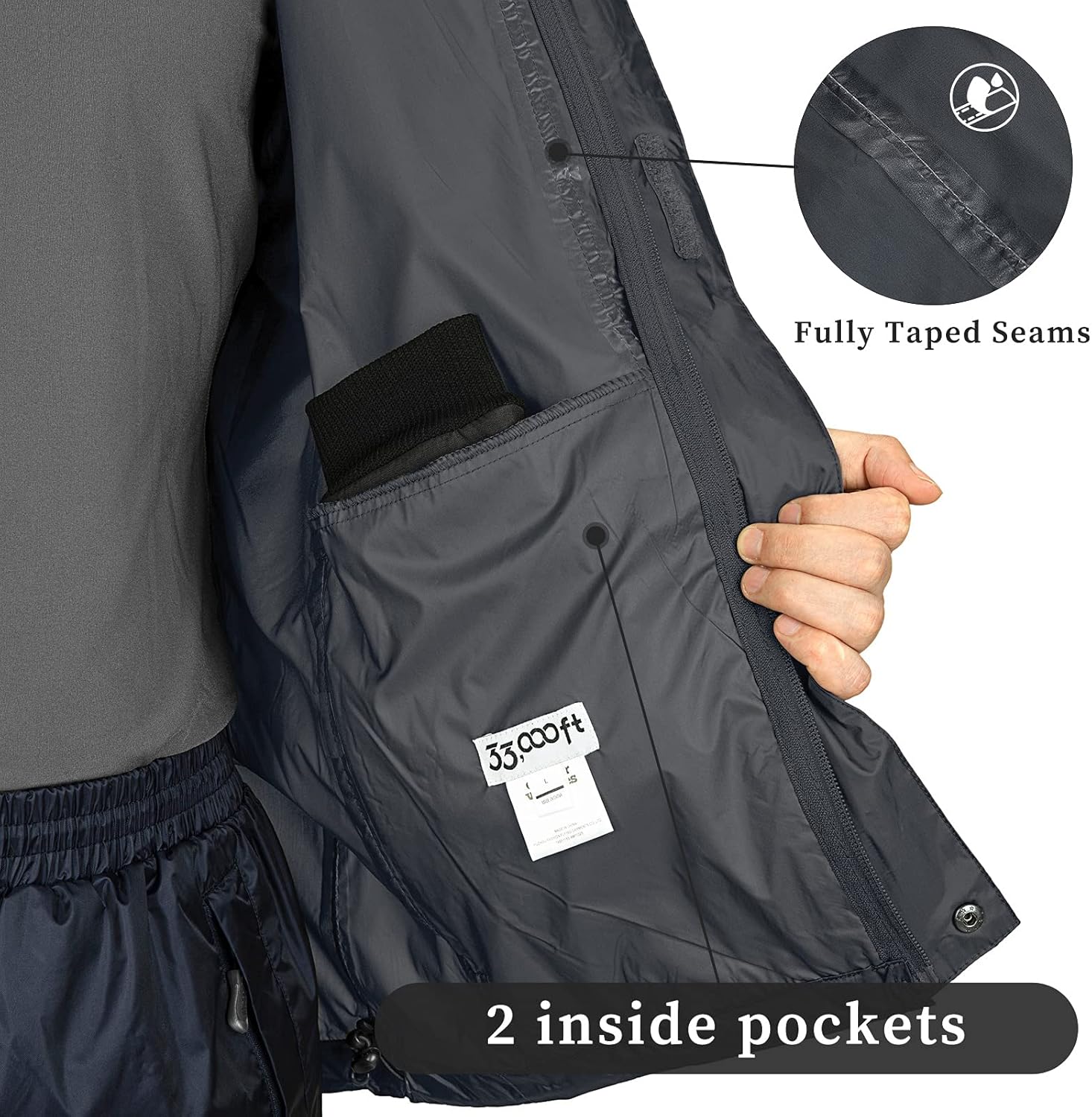 33,000ft Packable Rain Jacket Men's Lightweight Waterproof Rain Shell Jacket Raincoat with Hood for Golf Cycling Windbreaker