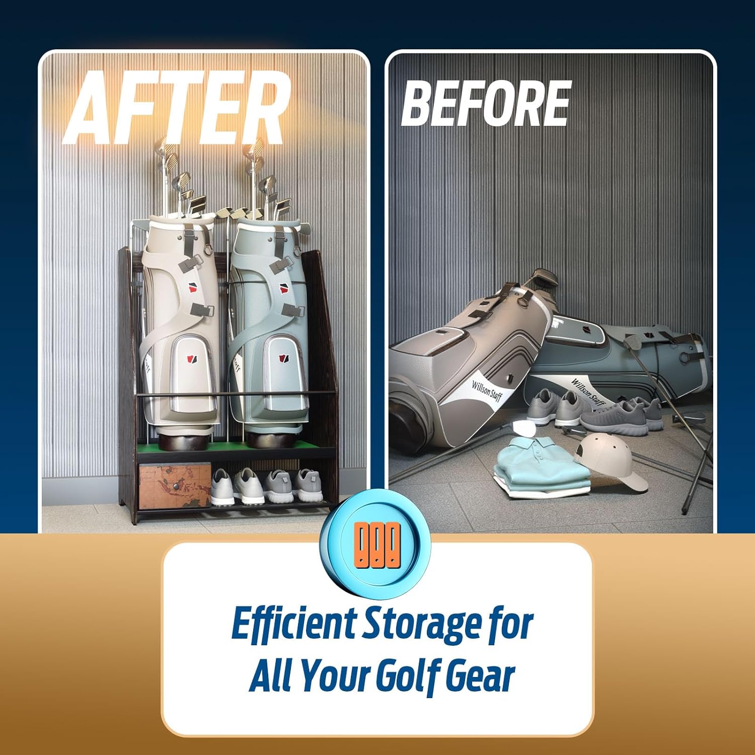 Golf Bag Organizer Storage for 2 Bags with Drawer – Easy Assemble Golf Club Stand Ideal for Garage, Clubs and Basement