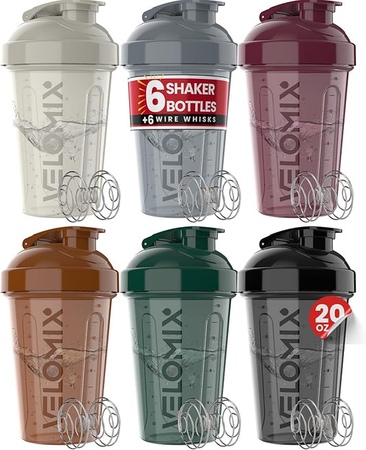'-6 PACK- Shaker Cups for Protein Shakes 20 oz - 6x Wire Whisk | Leak Proof Protein Shaker Bottle for Protein Shakes, Shaker Bottle Pack for Pre & Post Workout, Shaker Cup (Mood Tones)-FlexoryFit
