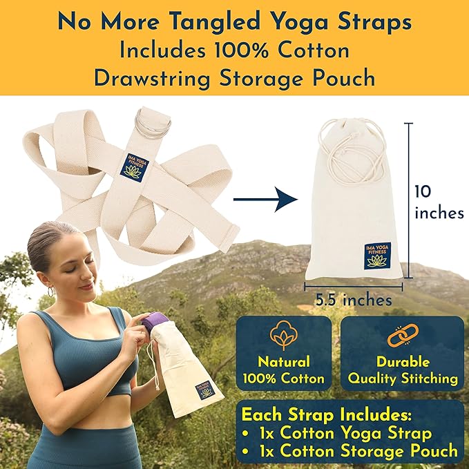 Adaptive Yoga Strap, Stretching Strap, 2 Inches Wide, 100% Naturally Soft Cotton, Steel D-Rings, Includes Natural Cotton Drawstring Storage Pouch and Instructional E-Book-FlexoryFit