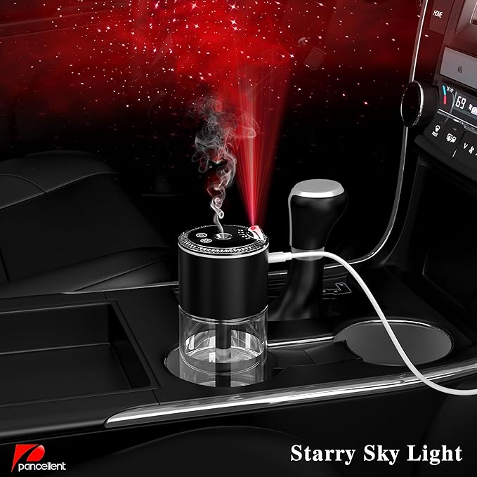 Essential Oil Diffuser, Car Air Fragrance Freshener, Aromatherapy Diffusers for Home Large Room, Bedroom, Car, Office, Desk with Starry Sky Light 8.5oz Capacity (Black)