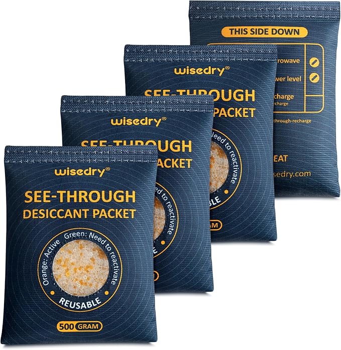 wisedry 4 x 500 Gram See-Through Silica Gel Packets, Color-Indicating Desiccant Packs for Storage, Reusable Safe Dehumidifier, Heat Resistant Dehumidifier Bags