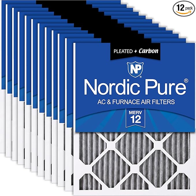 Nordic Pure 20x20x1 (19 1/2 x 19 1/2 x 3/4) Furnace Air Filters MERV 12 Pleated Plus Carbon 12 Pack