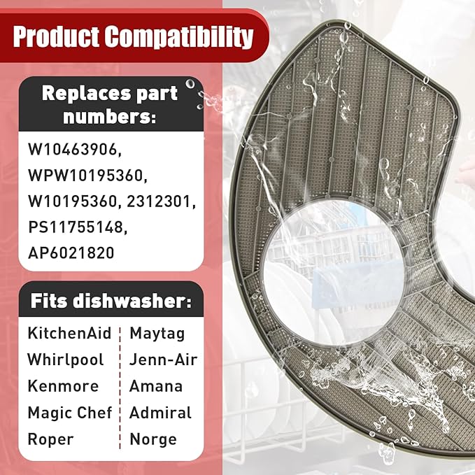 WPW10463906 Dishwasher Screen Filter- Compatible with Whirlpool KitchenAid Amana Maytag Kitchen Dishwashers - Replaces WPW10195360,2312301,PS11755148,AP6021820
