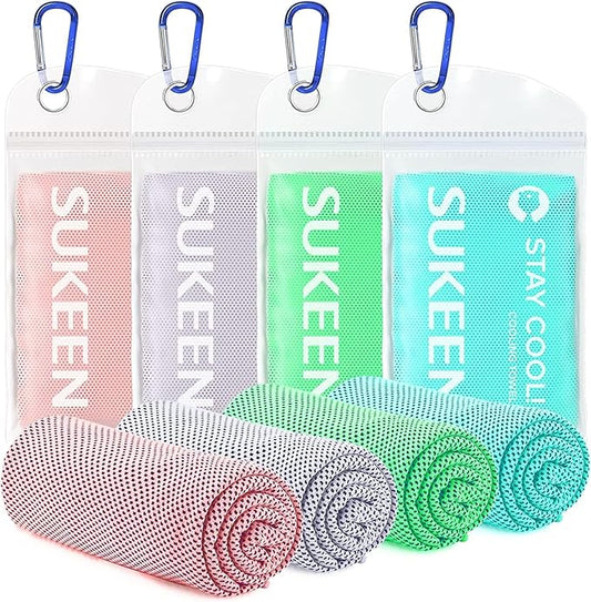 Sukeen 4 Pack Cooling Towel (40"x12") for Sweat, Quick-Drying Neck Cooling Wraps, Soft & Breathable Chilly Sports Towel for Yoga, Sport, Running, Workout, Cooking, Microfiber-FlexoryFit