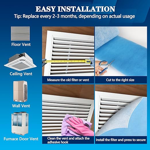 MERV 8 Air Vent Filters, 16" x 140"Cut to Fit Air Filter Material (100+ Filters),Electrostatic Triple Vent Filter for Floor, Ceiling, HVAC & RV Vents, Includes 48 Adhesive Hook Tape
