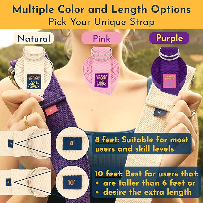 Adaptive Yoga Strap, Stretching Strap, 2 Inches Wide, 100% Naturally Soft Cotton, Steel D-Rings, Includes Natural Cotton Drawstring Storage Pouch and Instructional E-Book-FlexoryFit