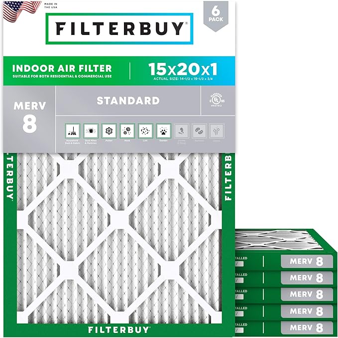 Filterbuy 15x20x1 Air Filter MERV 8 (MPR 700) Dust Defense Replacement (6-Pack), Electrostatic Pleated HVAC AC Furnace Filters, Made in USA (Actual Size: 14.50 x 19.50 x 0.75)