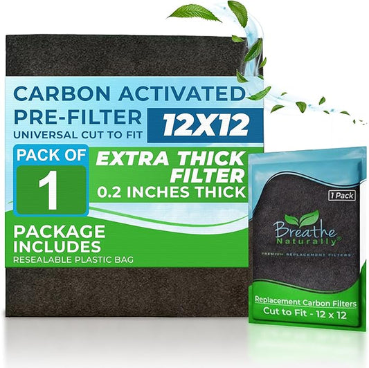 Breathe Naturally Universal Cut To Fit Carbon Activated Air Filter - Replacement Charcoal Filters - Pre Filter Carbon Sheet for Air Purifier, Vent Filters & More - Made in USA (Pack of 1, 12x12)
