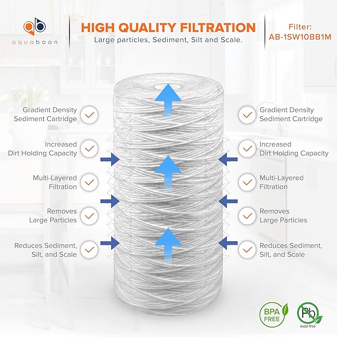Aquaboon 1 Micron String Wound Water Filter 10x4.5 Replacement - Whole House Water Filter Cartridge Compatible with WP5BB97P,WP10BB97P, AP810, 4-Pack