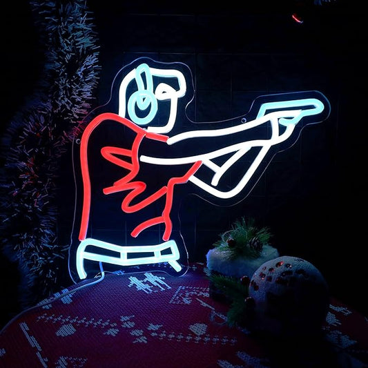 Man Shooting Neon Sign Gun Led Light Up Sign Game Player Gifts Dimmable Shooting Decor for Gun Club Decor Man Cave Game Room 15"×11.9"-FlexoryFit