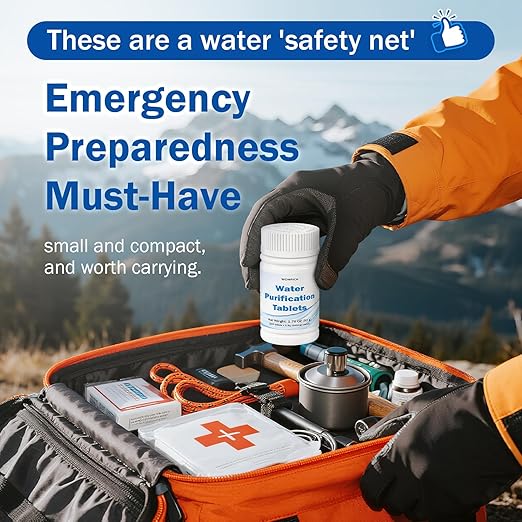 500mg Water Purification Tablets (100 Count) - Water Purifier Tablets for Emergency Water - Hiking, Camping, Survival, Backpacking, RVs - Water Purifier Treatment Tablets for Safe Drinking Anywhere
