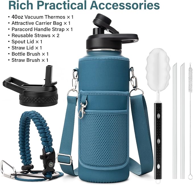 Insulated Water Bottle | Thickened Stainless Steel Vacuum Metal | Portable Sports Water Jug for Gym and Hiking with Straw, Carrier Bag, Handle Strap | BPA-Free 40 oz-FlexoryFit