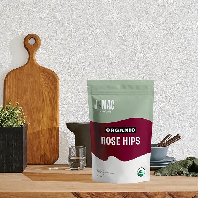 J MAC BOTANICALS Organic Rose Hips (8 oz Bag) Whole, natural organic dried rose hips for herbal tea, rosehips dried organic, rosehip tea, packaged in the USA-FlexoryFit