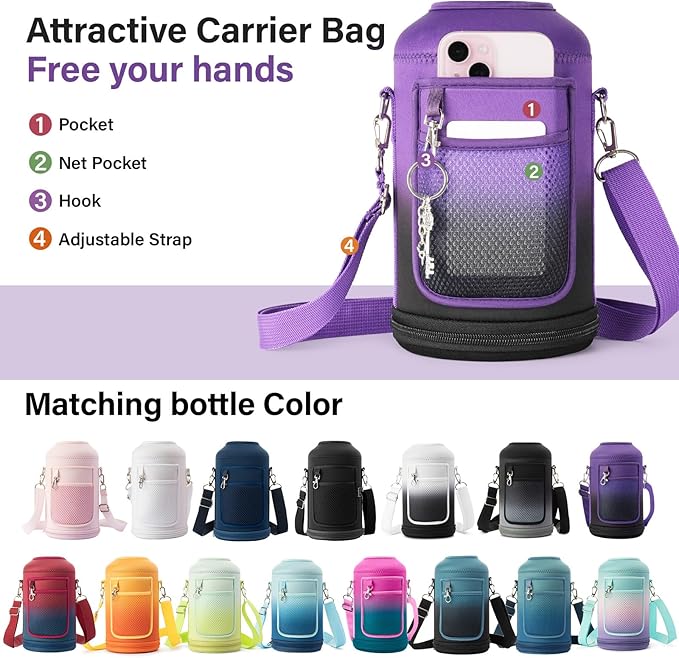 Insulated Water Bottle | Thickened Stainless Steel Vacuum Metal | Portable Sports Half Gallon Large Water Jug for Gym and Hiking with Straw, Carrier Bag, Handle Strap | BPA-Free 64 oz-FlexoryFit