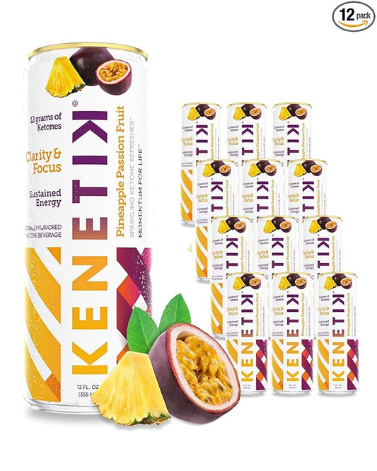 KENETIK Nootropic Ketone Drink, Ketones for Energy & Focus, Caffeine & Sugar Free, High Performance D-BHB Ketone Mix, Fuel w/Zero Crash or Jitters, Ready to Drink - Pineapple Passionfruit 12 Pk-FlexoryFit