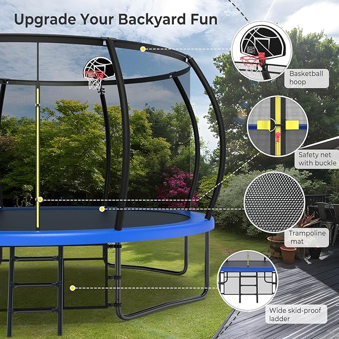 10 12 14 15 16FT Outdoor Trampolines for Kids and Adults, Pumpkin Trampoline with Curved Poles, Recreational Trampoline with Basketball Hoop and Safety Enclosure Net for Kids and Adults-FlexoryFit