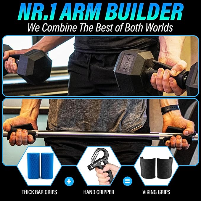 Vikingstrength Grip strength trainer Thick Grip - Combines Hand Exerciser Squeeze with Thick Grip, New Ultimate Forearm Strengthener, Patented Design, Enhances Grip Strength & Endurance, Fits All Bars, Barbells, & Dumbbells-FlexoryFit