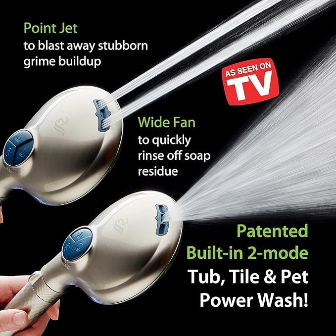AquaCare High Pressure 6-way Dual Shower Head Combo with Built-in Filter & Power Wash - Clean Tub, Tile & Pets. Remove Chlorine, Lead & Toxins from Water to Protect Skin, Hair, & Nails. Nickel Finish