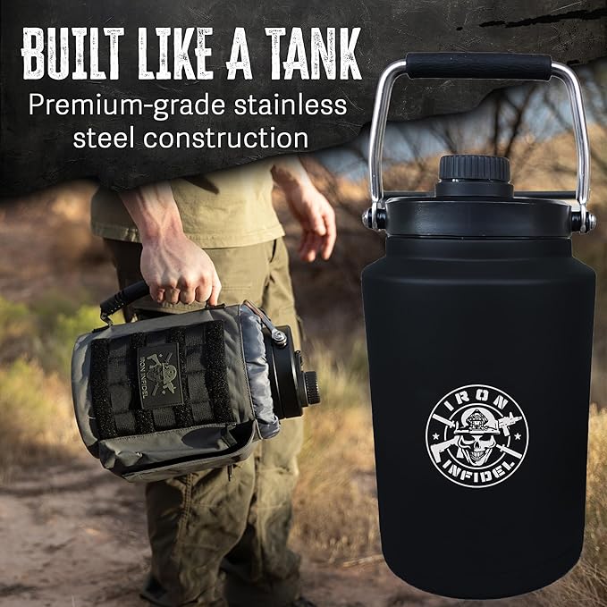 Iron Infidel Battle Bottle - One Gallon Insulated Water Bottle with Dual Carry Handles - 128 oz Tactical Stainless Steel Water Jug & Rugged Extra Large Sleeve With Storage (Betsy 128 Ounces)-FlexoryFit