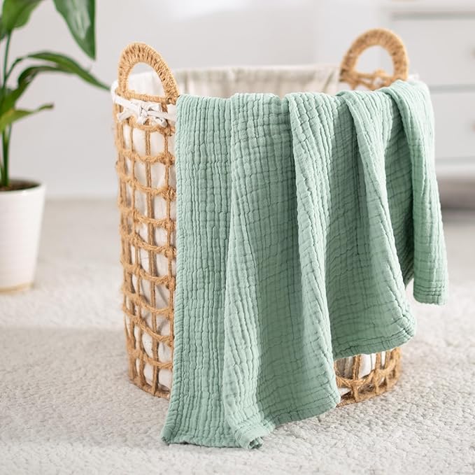Carriediosa 100% Cotton Muslin Throw Blanket 66" X 90" Twin XL Size，4-Layers Summer Gauze Throws for Bed Couch，Soft Lightweight Breathable Linen Blankets Bedspread for Adults All Season，Sage Green