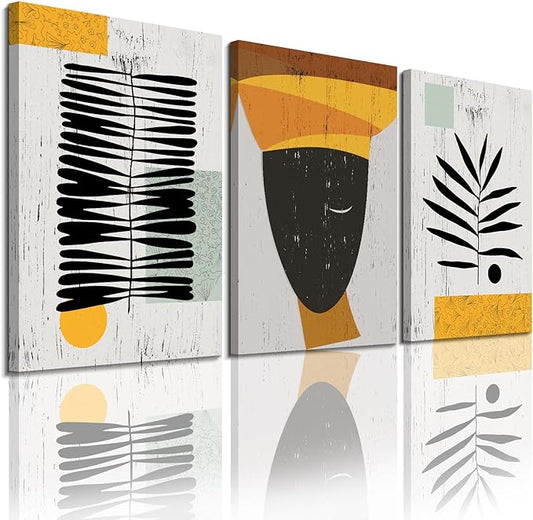 Framed Canvas Wall Art African Ethno Motive Wall Art Set, Abstract Ethno Art, African American Woman Portrait, Black Orange Print, Contemporary Collage, Minimalist (S-3pcs,20x30inchx3pcs)-FlexoryFit